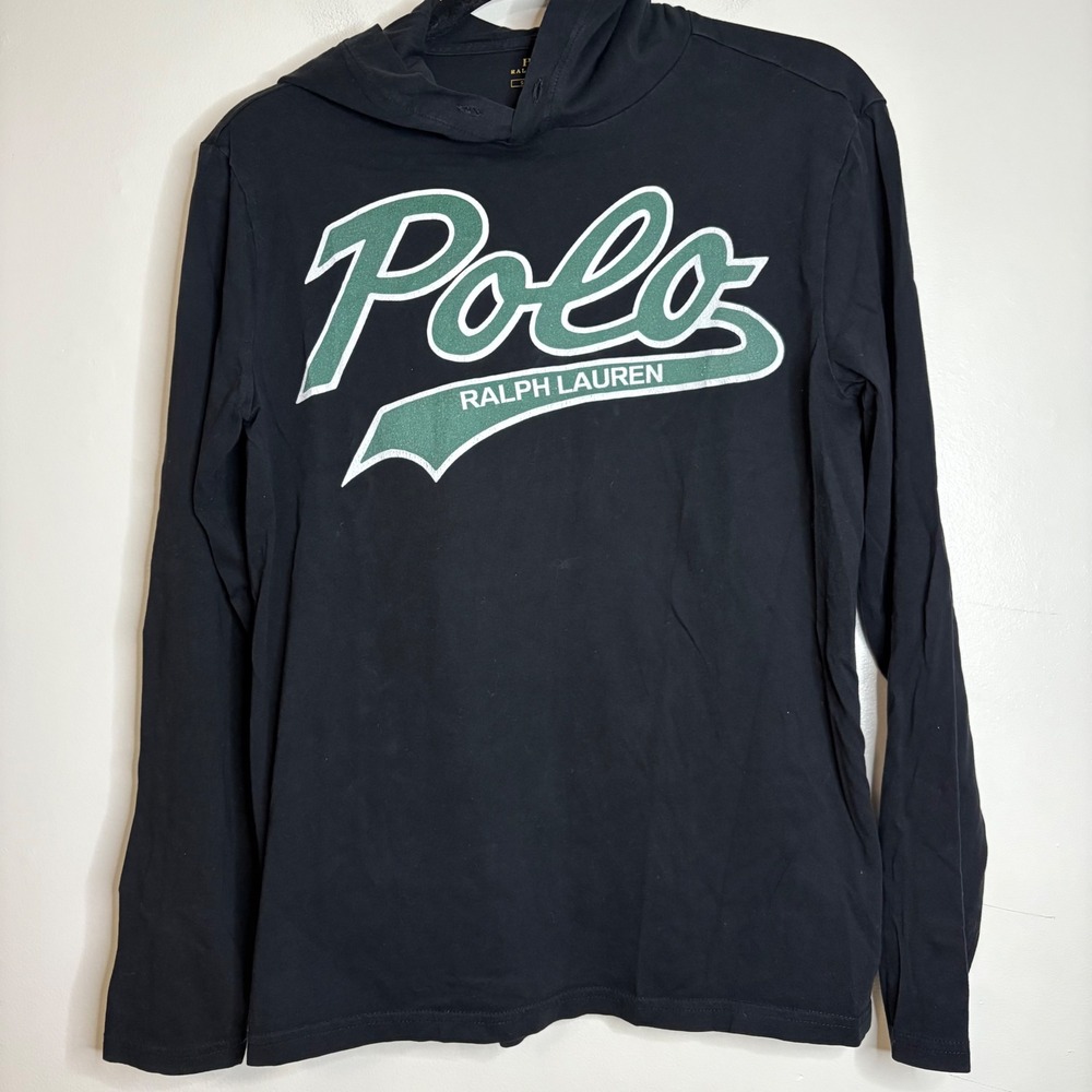 Polo Ralph Lauren Mens Black Long Sleeve Hooded Graphic TShirt Polo Size S